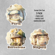 Europe Cafe Stickers | Barcelona, Paris and Napoli Sticker Pack | 3 Pack