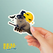 Cat Witch Sticker, Broomstick Cat Halloween Decal, Cute Spooky Cat Art for Halloween Decor, Witchy Cat Gifts & Fun Stickers