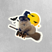 Cat Witch Sticker, Broomstick Cat Halloween Decal, Cute Spooky Cat Art for Halloween Decor, Witchy Cat Gifts & Fun Stickers