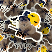 Cat Witch Sticker, Broomstick Cat Halloween Decal, Cute Spooky Cat Art for Halloween Decor, Witchy Cat Gifts & Fun Stickers