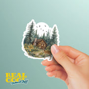 Cabin In The Woods Sticker - Lush forest house scene vinyl sticker - Forest Sticker