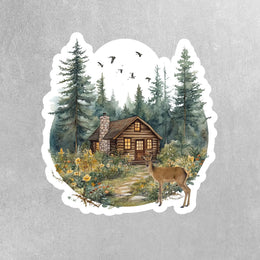 Cabin In The Woods Sticker - Lush forest house scene vinyl sticker - Forest Sticker