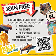 a flyer for a fun club with stickers